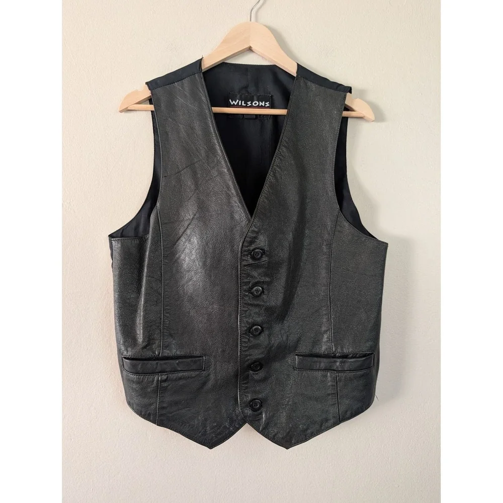 Wilsons Mens M Black Leather Button Front Vest Steampunk Biker Moto Edgy Vintage